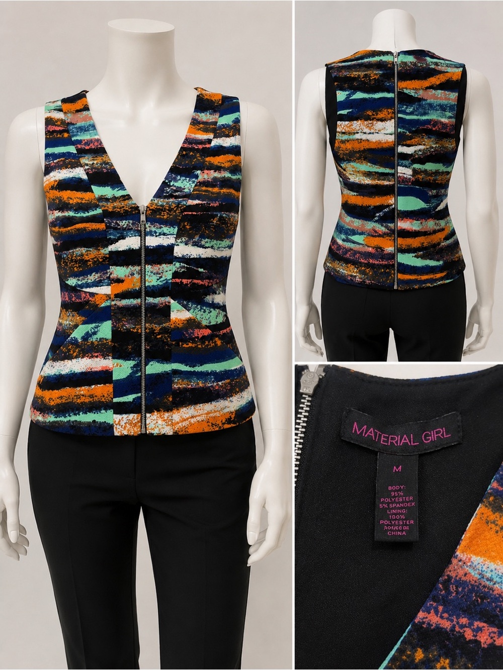Material Girl Vibrant Striped V‑Neck Dress Top in Orange, Blue & Black
